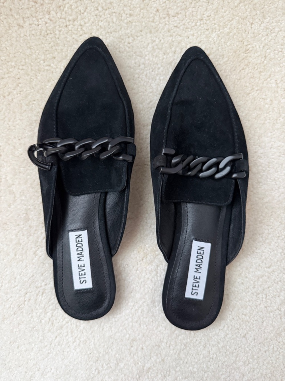Steven By Steve Madden Black Pointed Suede Slip-On Mules with Chunky Chain